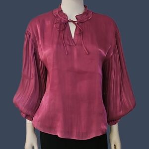 FATE Metallic Pink Satin Balloon Sleeve Keyhole Tie Top